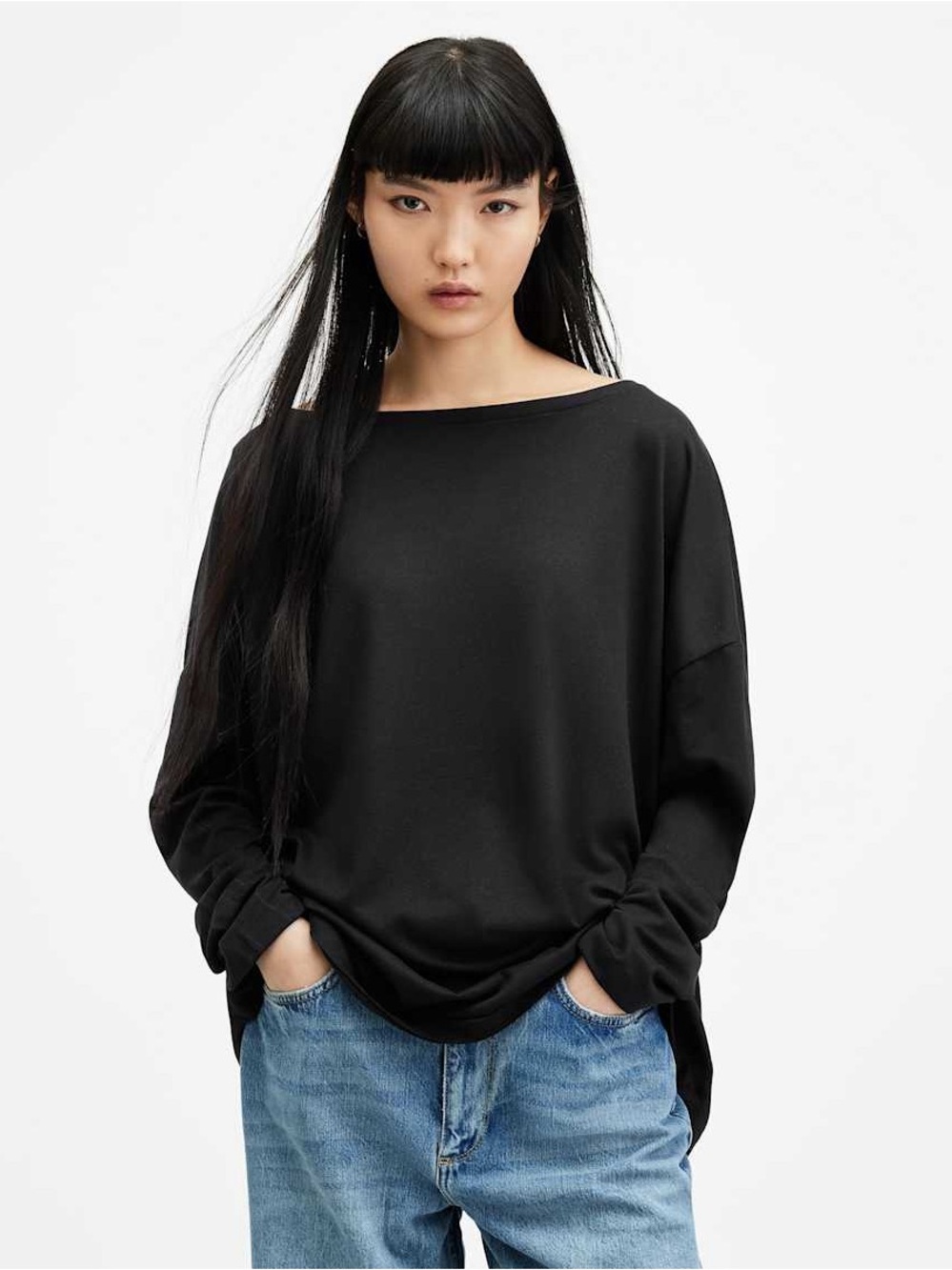 AllSaints Rita Tee XS Black Oversized Long Sleeve Slash Neck Top